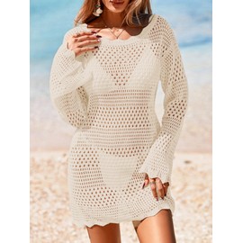 BreathSunny Womens Crochet Open Knit Long Sleeve Swimsuit Coverup Summer 2025 Boat Neck Wave Trim Mesh Swimwear Coverups Beach Swim Bikini Bathing Suit Cover Up Dress For Women Cover Ups Cream White S