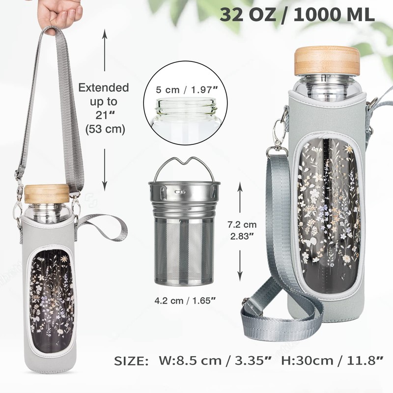 Reeho 32oz Borosilicate Glass Water Bottle with Tea Infuser &