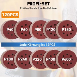 Aucenix 120 pieces sandpaper 125 mm Velcro: 8 holes sanding discs 40/60/80/120/150/180/240/320/400/600 different grits - sanding sheets for random orbital sanders for metal wall wood
