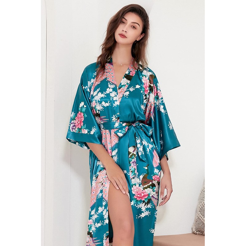 BABEYOND Women's Kimono Robe Long Robes with Peacock and Blossoms
