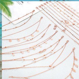 Hicarer 16 Pieces Ankle Bracelets 14K for Women Anklets Set Silver Gold Boho Beach Anklets Foot Chains Adjustable Foot Hand Jewelry Romantic Gift(Rose Gold)