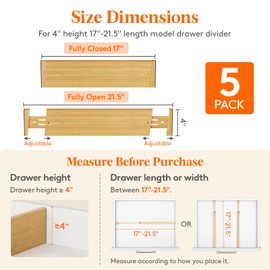 Lifewit 5 Pack 4" High Bamboo Drawer Dividers, 17-21.5" Adjustable Drawer Organizers for Clothes, Wood Dresser Drawer Divider, Expandable Deep Drawer Separators for Dresser, Kitchen, Bedroom, Bathroom