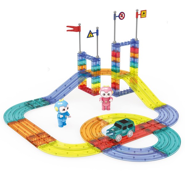 UNIQUE KIDS Race Car Track Building Block Educational Toy Set | Magnetic Tiles Magnet Playset | STEM Learning Construction Kit | Hand-Eye Coordination | Brain Development | 63 PCS