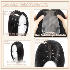 HVVZOY Hair Toppers for Women Real Human Hair,360°3D Big Basement Cover Topper for Women with Thinning Crown with Side Clip in Bangs Realistic Scalp (1B, 3D Side Bangs 14INCH)