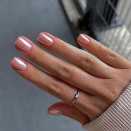 Chrome Glazed Donut Press on Nails Short Square Shaped - Rose Pink Short Gel Nails Press ons Glossy Shiny Acrylic Nails Reusable Fake Nails for Women Glue on Nails Short Square Thick False Nails 24Pcs