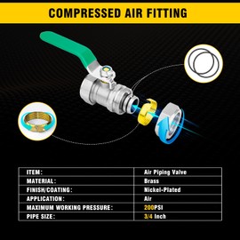 3/4 air compressor valve, Brass Ball Valve, 3/4’’× 3/4’’ Piping, Shut-Off Fittings Fit for Shop Garage Compressed Air Line System Fit for Maxiline RapidAir