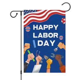 Happy Labor Day Garden Flag Working Tools Patriotic USA Flags 12 x 18 Double Sided Burlap Banner for Outdoor Outside Garden Farmhouse Celebrate Labor Day Decoration (ONLY FLAG)