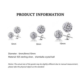 Bellitia Jewelry CZ Diamond Shamballa Stud Earrings Rhinestone Glitter Crystal Ball Disco Ladies Girls 925 Sterling Silver Round 6 mm 8 mm 10 mm, Sterling Silver, Crystal