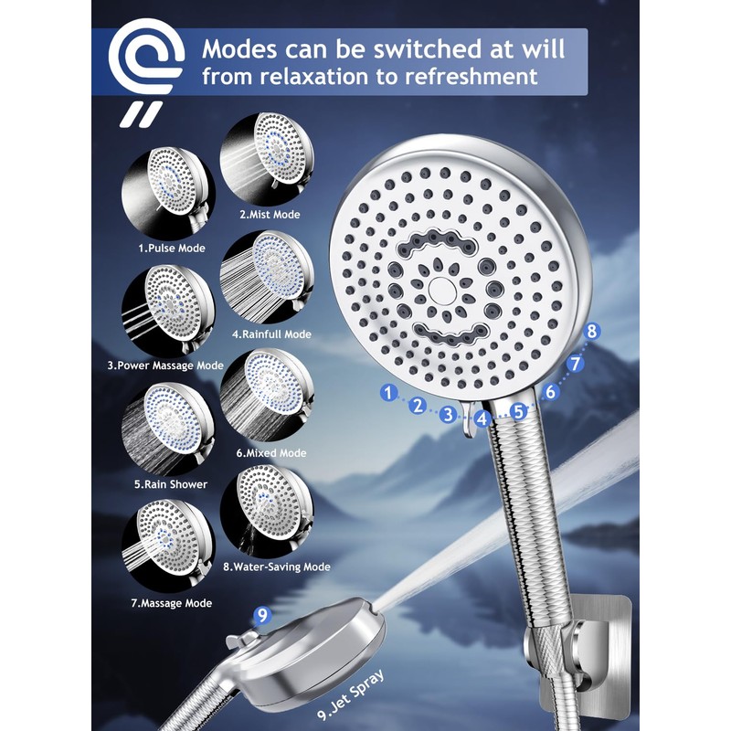 PWERAN RV Shower Head with Hose, High Pressure9 Mode Shower