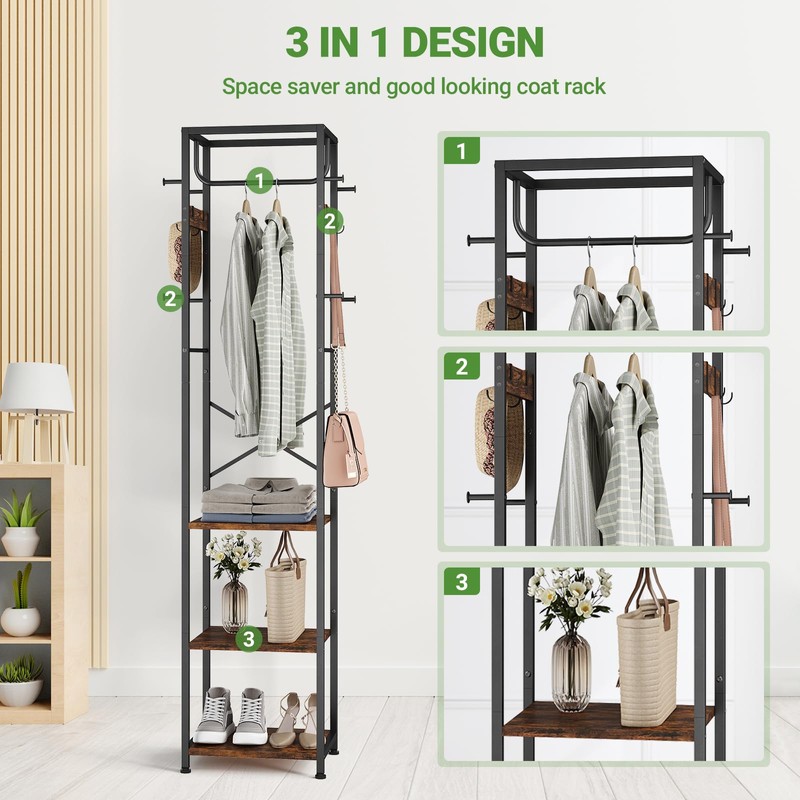 ELYKEN Coat Rack Freestanding, Hall Tree with 3 Storage Shelves