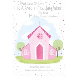 Poppy Hill First Holy Communion Card for Goddaughter, Pink Church Design, 13 x 19 cm