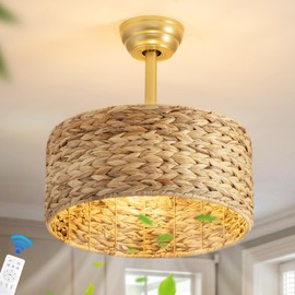 OKES Boho Ceiling Fans with Lights, Low Profile Caged Ceiling Fan with Light and Remote, Rattan Flush Mount Ceiling Fan with 6 Speeds Fandelier for Bedroom, Living Room