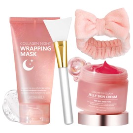 Collagen Night Wrapping Mask, Skin Care Set mit Peel off Maske, Collagen Jelly Cream, Collagen Wrapping Mask, Elastizität und Feuchtigkeit, Reduziert Feine Linien und Mattheit-3 Stück Set