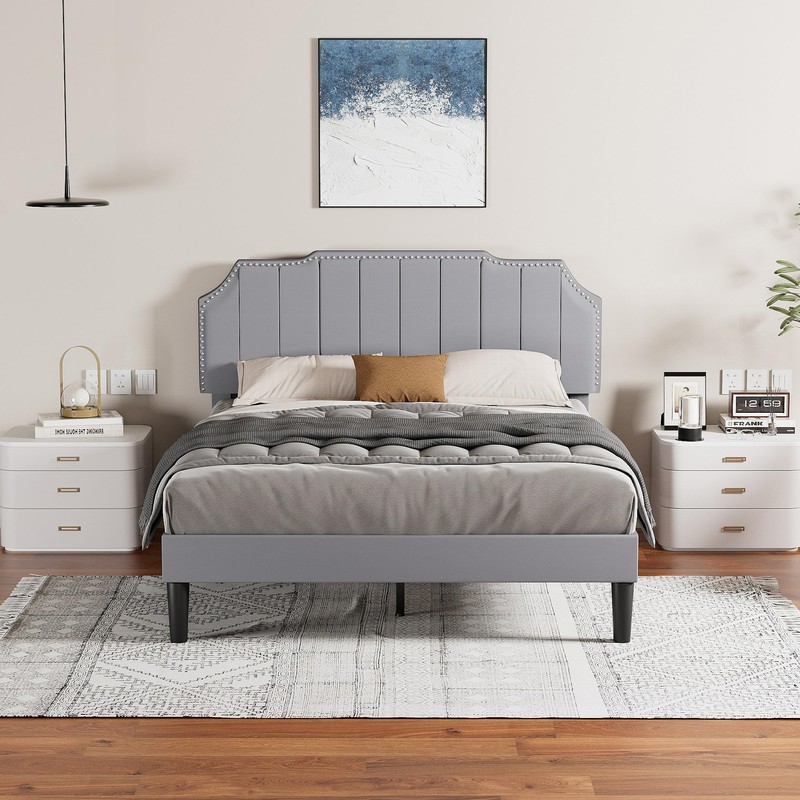VECELO Queen Bed Frame Upholstered Platform with Tufted Adjustable Headboard/Mattress