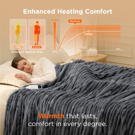 Bedsure Electric Blanket Twin - Thick Striped Flannel Electric Blanket, Heating with 6 Time Settings (Up to 10H), 6 Heat Settings & 8Hr Timer Auto Off, Gift for Grandma (62x84 inches, Grey)