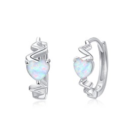 Heart Hoop Earrings for Girls, 925 Sterling Silver, Small Heart Opal Hoop Earrings, Heartbeat Earrings, Jewellery Gift for Wife, Girlfriend, 10 mm, Sterling Silver