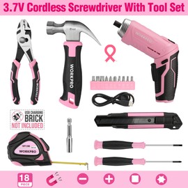 WORKPRO Pink Tool Set with 3.7V Rotatable Electric Screwdriver, 18PCS Portable Ladies Home Tool Kit with Toolbox, Cordless Electric Screwdriver Kit, Household tool kit for Dorm, Apartment -Pink Ribbon