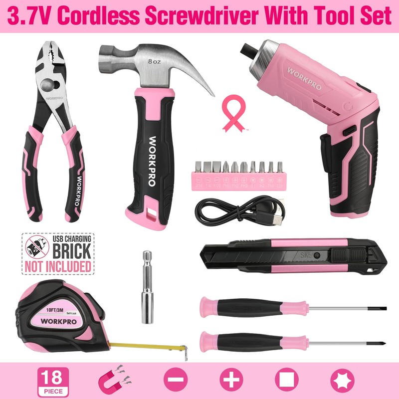 WORKPRO Pink Tool Set with 3.7V Rotatable Electric Screwdriver, 18PCS