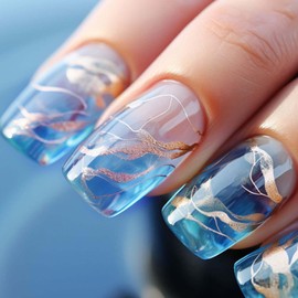 YoYoee Short Square Press on Nails Gradient Luxury False Nails Acrylic Full Cover Galaxy Fake Nails for Women and Girls 24PCS