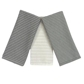 Oversized White Gray Kitchen Towels: 100% Cotton Soft Absorbent Assortment Ribbed Terry Loop, Set of 3 Multipurpose for Everyday Use (Silver Grey)