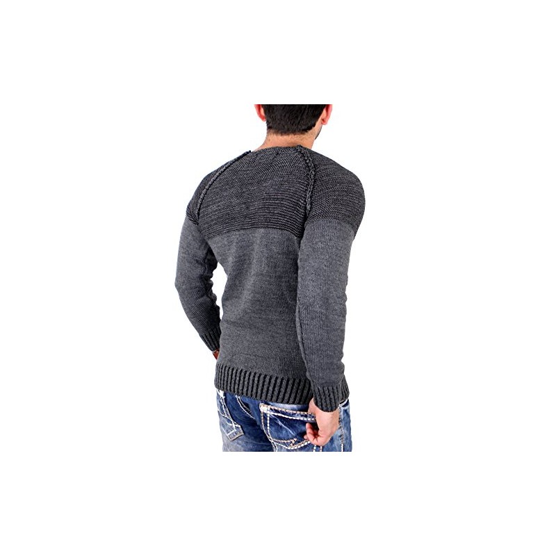 Reslad RS-16081 Men's Knitted Pullover Two Tone Crew Neck Chunky