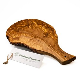 DAS OLIVENHOLZBRETT® Olive Wood Chopping Board with Natural Cut Handle/Serving Board Made of Wood in Natural Shape with Handle / Fingerboard Olive Wood 25 cm