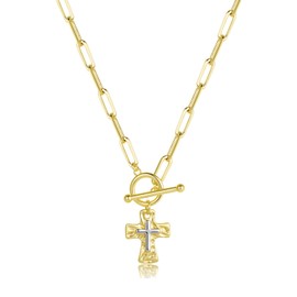 KALOAURA Chunky Cross Necklace for Women, 14K Gold/Silver Plated Statement Paperclip Chain Double Cross Pendant Necklaces Non Tarnish for Faith Religious Christian Jewelry Gifts