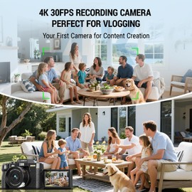 4K 48MP Digital Camera for Photography with Autofocus & Anti-Shake - YouTube Vlogging Camera, 3" 180° Flip Screen, 16X Zoom - Includes SD Card & 2 Batteries, Compact Camera for Teens (Black)