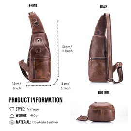 WeeDee Men's Leather Sling Bag, Shoulder, Chest Bag, Water Resistant Tote Bag, Messenger Bag, Backpack for Hiking, Work, School, Business, Cycling, Travel - Brown -