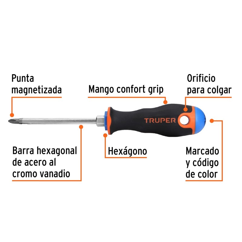 Truper DP-1/4X4B, Desarmador de cruz, mango Comfort Grip, 1/4" x