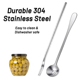 2 Pack Olive Spoon and Pickle Fork Set - 304 Stainless Steel Long Handle Pick Jar Serving Spoon with Drain Hole - Food Picker for Pickle Cucumber Arugula (2 Pack)