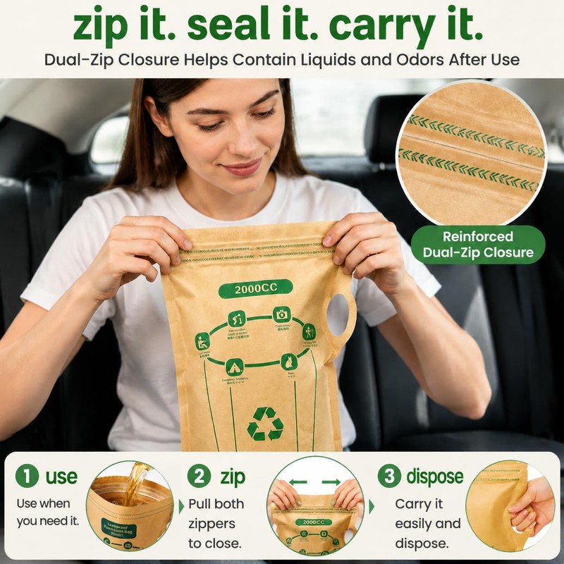 Disposable Vomit Bags, 2000cc Dual-Zip Kraft Paper, 6 Pack