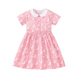 HILEELANG Little Girl Easter Dress Short Sleeve Pink Bunny Button Peter Pan Collar Spring Button Front Cotton Dresses 6 Years