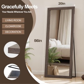 Full Length Wooden Mirror for Wall or Floor, 56"x20" Rustic Farmhouse Solid Wood Frame with Stand, Large Rectangular Wall-Mounted or Leaning Mirror for Bedroom, Living Room, Entryway
