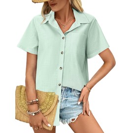 HOTOUCH Button up Cotton Womens Short Sleeve Linen Shirts V Neck Collared Button Down Blouse Tops Light Green