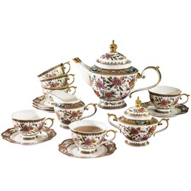 ACMLIFE Tea Set for Adults for 6, Blue and White Tea Set with Cups, Bone China Vintage Floral British English Tea Pot with Cups and Saucers for Women Party, Afternoon Service or Gift Giving (Pink)