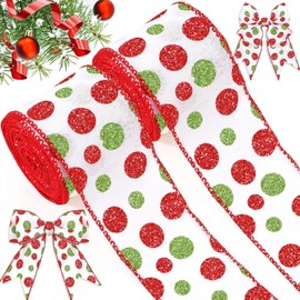 Fvviia 2 Rolls Christmas Glitter Dot Wired Edge Ribbons Green Red Dot Ribbons Polka Dot Printed Wired Edge Ribbons Burlap Decorative Ribbons for DIY Craft Bows