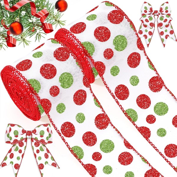 Fvviia 2 Rolls Christmas Glitter Dot Wired Edge Ribbons Green