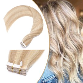 12"-24" Tape in Hair Extension Human Hair 100% Real Hair Extensions 20pcs 40g Straight Skin Weft Seamless (14" #18/613 Ash Blonde with Bleach Blonde)