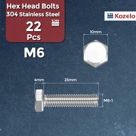 Kozelo 22 Pcs Hex Head Screws Bolts - [M6-1x25] 304 Stainless Steel Grade A2-70 Fully Threaded Hex Tap Metric Hexagon Head Machine Bolts Right Hand External Hex Drive, Silver