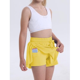 Flowy Shorts for Teen Girls Athletic Running Biker Shorts Youth Butterfly Shorts（LemonYellow-L）