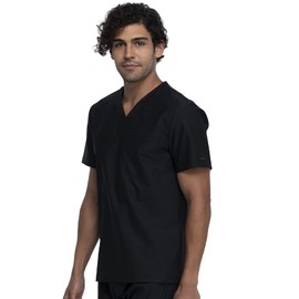 Cherokee Men's V-Neck Scrub Top, Modern Fit One Chest Pocket with 360° Stretch Knit CK885, XL, Black