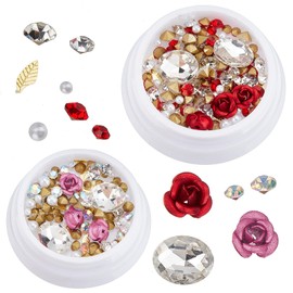 NICENEEDED 2 Boxes Flower Nail Charms, 3D Rose Metal Aluminum Flower Nail Art Charm, Pink Red Rose Manicure Pearl Accessories for DIY Valentines Decoration