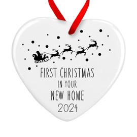 First Christmas in Your New Home Bauble | 1st Xmas New House Ornament Santa Sleigh Tree Decoration | Ceramic Heart Housewarming Gift