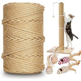 262 ft Sisal Rope for Cat Scratcher, 4mm Thick Rope for Cat Scratch Post, Twine for Cat Scratching Post Replacements, DIY Hemp Twine Rope with 4 Random Colors Mouse Ornaments