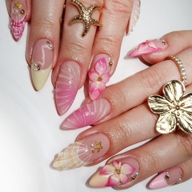 24Pcs 3D Flower Press on Nails Medium Almond Fake Nails with Gold Starfish Rhinestones Pearl Design French Tip False Nails Pink Yellow Floral Acrylic Nails Summer Stick on Nails for Women Girls