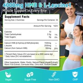 2 Pack HMB and L-Leucine Gummies, 4000mg HMB and Leucine Amino Acid for Men & Women, Support Muscle Growth, Muscle Mass & Muscle Relief, Workout Recovery, Sugar-Free, Vegan, Apple Flavor, 120 Count