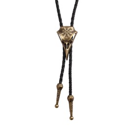AZORA Western Bolo Tie Men Cowboy Raven Skull Leather Necktie Leather Cord Goth Punk Retro Gold Tone Bolo Necklace for Women