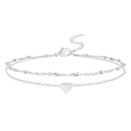 ankbrats Silver Layered Anklets for Women, Double Chain Heart Pendant Ankle Bracelet, Adjustable Boho Ankle Chain Beach Jewelry Gift for Girls