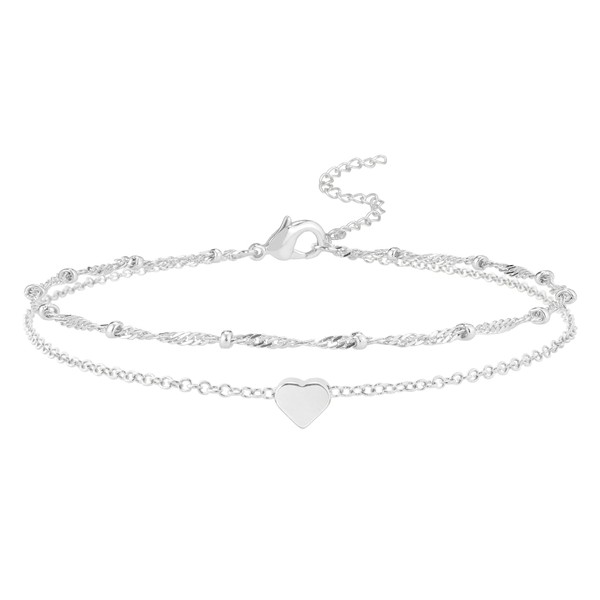 ankbrats Silver Layered Anklets for Women, Double Chain Heart Pendant